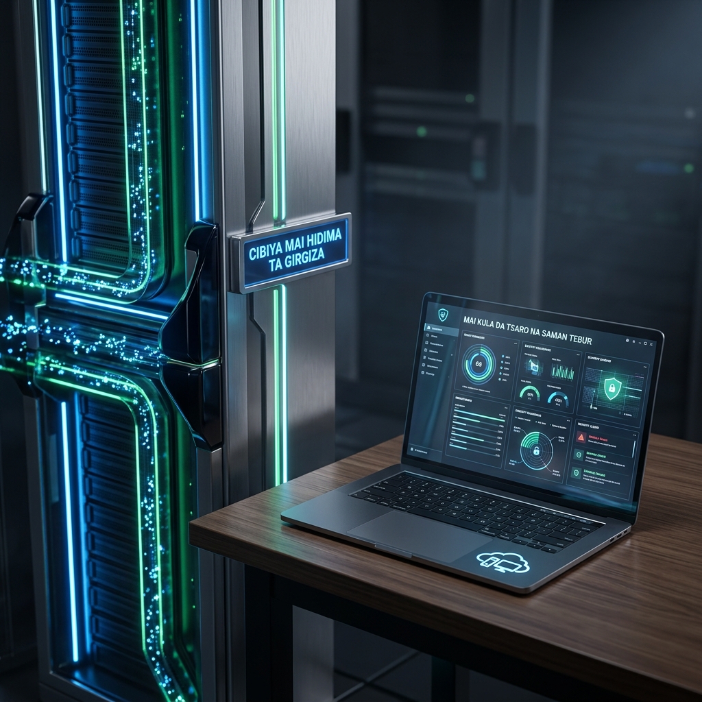 3D render of a futuristic server rack and a sleek laptop representing cloud and desktop synergy